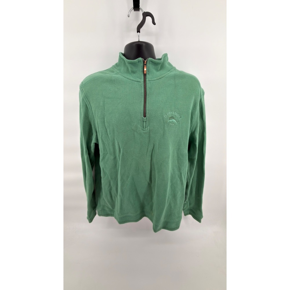 Tommy Bahama Mens Large 1/4 Zip Pullover Sweatshirt Green Cotton Ribbed Marlin